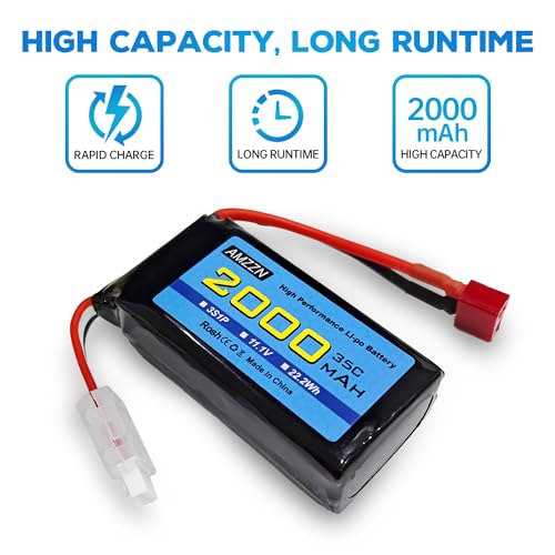 3S Lipo Battery 11.1V 2000mAh 35C with T-Plug and USB Charging Cable for RC Cars,Trucks,RC Ships,RC Drones,Quadcopters,FPV UAV Batteries (1PCS Battery+1 USB)