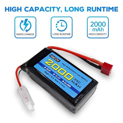 3S Lipo Battery 11.1V 2000mAh 35C with T-Plug and USB Charging Cable for RC Cars,Trucks,RC Ships,RC Drones,Quadcopters,FPV UAV Batteries (1PCS Battery+1 USB)