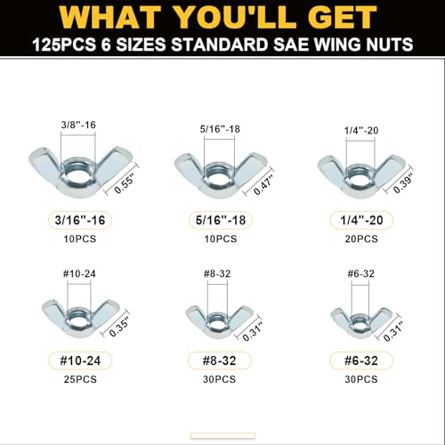 Siptenk 125PCS M3 M4 M5 M6 M8 M10 M12 Metric Wing Nuts Assortment Kit | 7 Assorted Sizes Carbon Steel Zinc Plated Butterfly Wingnuts | inclding mini wing nuts