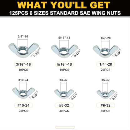 Siptenk 125PCS M3 M4 M5 M6 M8 M10 M12 Metric Wing Nuts Assortment Kit | 7 Assorted Sizes Carbon Steel Zinc Plated Butterfly Wingnuts | inclding mini wing nuts