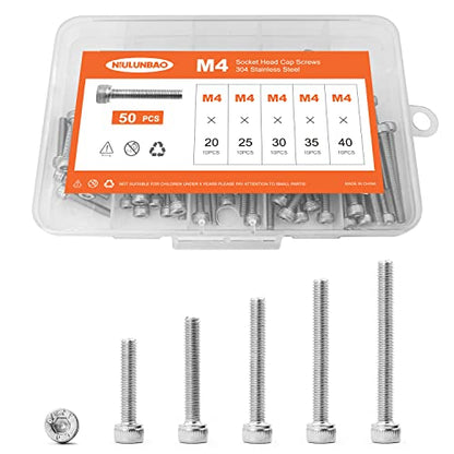 M4 x 20mm 25mm 30mm 35mm 40mm Hex Socket Head Cap Screws Bolts, 304 Stainless Steel, Metric Machine Fully Threaded, Bright Finish, Allen Hex Drive, Assortment Kit 50PCS - size: M4 x 20/25/30/35/40mm (50PCS)