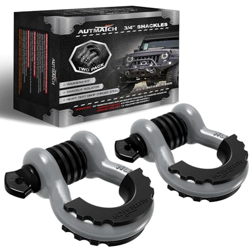 AUTMATCH 3/4" D Ring Shackles (2-Pack) - 41,887 lbs Break Strength | Heavy Duty Clevis Shackle with 7/8" Pin & Isolator Washer Kit for Tow Strap, Winch, Towing & Off-Road Vehicle Recovery, Gray - color: Gray & Black