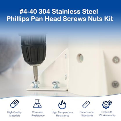 #4-40 Phillips Pan Head Machine Screws Nuts Assortment Kit, 3/16"-1" Length | 310Pcs, 304 Stainless Steel 18-8, UNC Fully Threaded, 9 Sizes for RC Models, 3D Printers, Robotics, Electronics Enclosures - size: #4-40