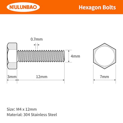 M4-0.7 x 12mm Heavy Duty Hexagon Bolts Hex Head Screws, 304 Stainless Steel, Metric Machine Fully Thread, Bright Finish, 100PCS - size: M4-0.7 x 12mm(100PCS)