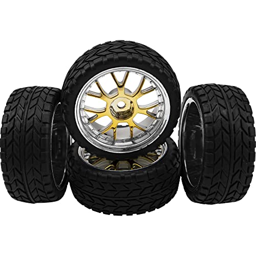 4Pack HIRCQOO 12mm Hex Plastic Wheel Rims & 2.59" Rubber Tires Set w/Foam Compatible with Traxxas Kyosho HPI Tamiya TT-01 TT-02 Sakura HSP 1/10 RC On-Road Touring Car (Yellow) - color: Yellow