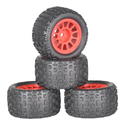 4Pcs Monster Truck Tires 1/16 1/18 Scale 74mm Pre-glued Foam Insert Tires for ARRMA Granite 1/18 Granite/ Typhon, WLtoys A949, MJX Hyper Go H16, High-Grip Ready-to-Run - color: Red