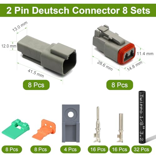 2 Pin Deutsch Connector Kit 8 Set, Automotive Waterproof DT Wire Connectors | Twippo 2 Wire Male and Female Electrical Connectors Kit with 16# Stamped Contacts and 32pcs Shrink Tubing Kit for 22-16AWG - size: 22-16AWG 8Set DT