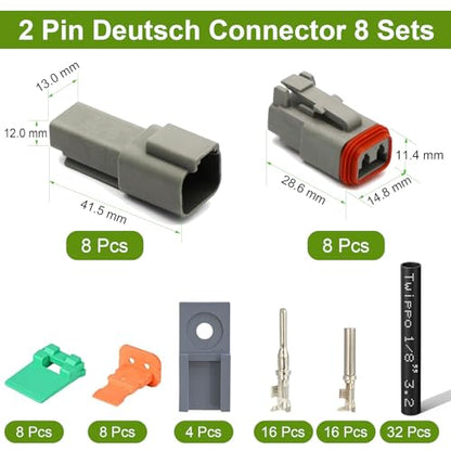 2 Pin Deutsch Connector Kit 8 Set, Automotive Waterproof DT Wire Connectors | Twippo 2 Wire Male and Female Electrical Connectors Kit with 16# Stamped Contacts and 32pcs Shrink Tubing Kit for 22-16AWG - size: 22-16AWG 8Set DT