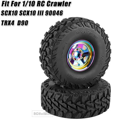 RC Alloy 1.9" Beadlock Wheels and Tires for 1/10 RC Crawler TRX4 SCX10 SCX10 III 90046 D90,1.9 RC Wheels and Tires 1.9 Beadlock Tires RC Rims,4 Packs,Rainbow - color: Rainbow(4pcs)