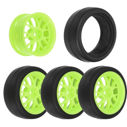 uxcell 4-Pair High-Grip RC Car Tire & Wheel Set for 1/10 Scale On-Road Touring Cars - Soft Rubber Tyres with 12mm Hubs, Green