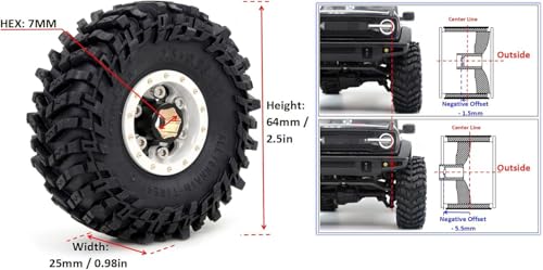 64mm Soft Sticky 1.0 Tires & 1.0 beadlock Wheels Brass Rims, -1.5mm & -5.5mm Negative Offset 1.0 Wheels and Tires for RC Mud Crawler All Terrain 1/18 TRX4M 1/24 SCX24 - color: White & Black
