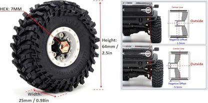 64mm Soft Sticky 1.0 Tires & 1.0 beadlock Wheels Brass Rims, -1.5mm & -5.5mm Negative Offset 1.0 Wheels and Tires for RC Mud Crawler All Terrain 1/18 TRX4M 1/24 SCX24 - color: White & Black