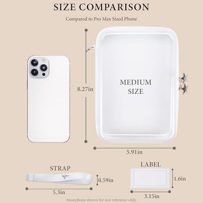 Clear Hard Shell Zipper Case Set (3 Medium), 120s Thick PET Plastic Storage Bags, Dual Zipper Travel Organizer with Star Charms, Removable Strap, Removable Labels & 2 Markers - size: 3 Medium