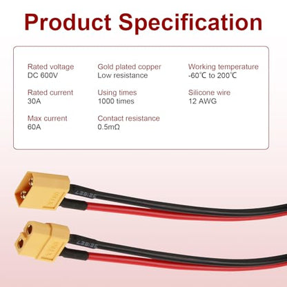 XT60 Connector Plug Cable with Plug and Socket Pigtail Leads (6 Pcs) | XT 60 Connector Adapter with 12AWG 100 mm Ultra‑Flexible Silicone Wire, Suitable for RC LiPo Battery Drone, Car, Boat - color: 12 Awg