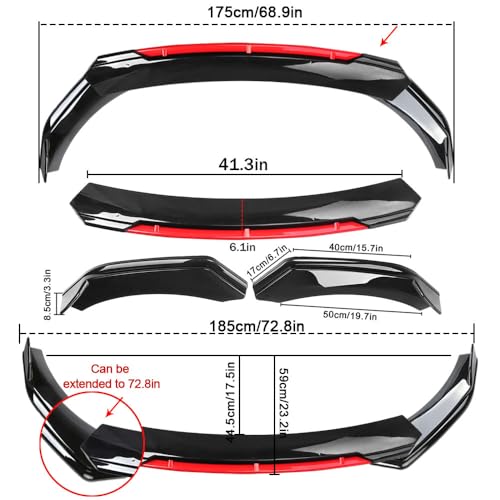 Universal Car Front Bumper Lip Spoiler Body Kits + 29" Side Skirt Extension Rocker Panel Body Kit + Auto Rear Bumper Lip Diffuser (69''-73'' Black&Red) - color: 69"-73" Black & Red