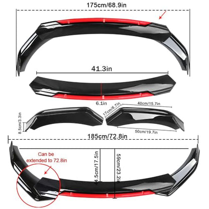 Front Bumper Lip Chin Splitter Spoiler Compatible with 69"-73" Width Car + Rocker Panels Guard Side Extension Splitter Side Skirts Body Kit Rear Bumper Lip Diffuser (Black with Red) - color: 69"-73" Black with Red