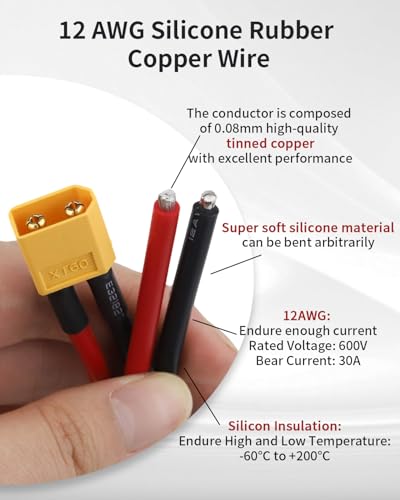 12 PCS XT60 Connector Plug Cable with 12AWG 100mm Silicone Wire, XT60 Connector Adapter, XT60 Male and Female Plug for RC Lipo Battery, Racing Drone, Cable, Car, Boat