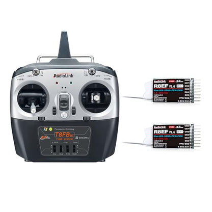 Radiolink T8FB 2.4ghz 8 Channels RC Radio Transmitter and Two R8EF Receivers Set Dual Stick Remote Controller for Airplane Boat Car Robot and More (Mode 2)