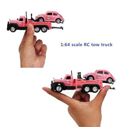 Mini Rc Truck,Tow Trucks Toy with Mini Metal Car Set 2PCS,City Service Vehicle Remote Control Tow Truck Toys for Kids Boys Gifts 3-5 4-7 8-12 Years Old, 1:64 Scale Cars Trailer Toy with Light (Pink) - color: Pink