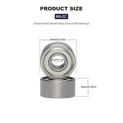 20 PCS 693ZZ Double Shielded Deep Groove Ball Bearings - 3mm x 8mm x 4mm, Carbon Steel Bearings for Skateboards, Bicycles, Motorcycles, and More (693-ZZ) - size: 693-ZZ