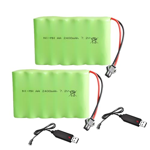 2Pcs 7.2V 2400mAh NI-MH AA Battery Pack RC Replacement Rechargeable Battery with SM-2P USB Charger Cable for Toys,Drone,Remote Control Car Accessory