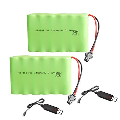 2Pcs 7.2V 2400mAh NI-MH AA Battery Pack RC Replacement Rechargeable Battery with SM-2P USB Charger Cable for Toys,Drone,Remote Control Car Accessory