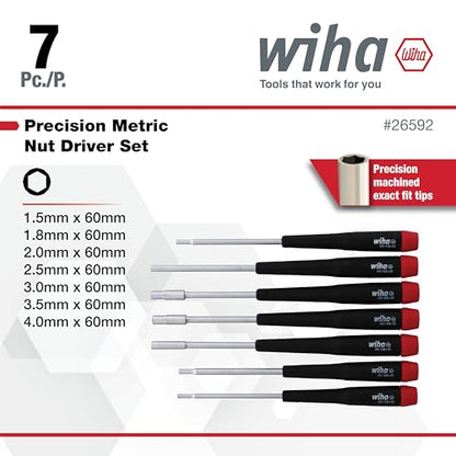 Wiha 26592 Nut Driver Set, 7 Piece, Metric, Precision Handle, Extra-Long, Chrome-Plated | Extra-Long, Chrome-Plated