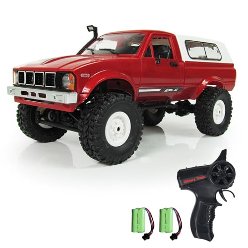 RC Truck 1/16 RC Rock Crawler, WPL C24 4x4 RC Pickup Truck, 2.4GHz Remote Control Car, All Terrain Off Road RC Climbing Car with Headlights and 2 Batteries for Adults (Red) - color: Red