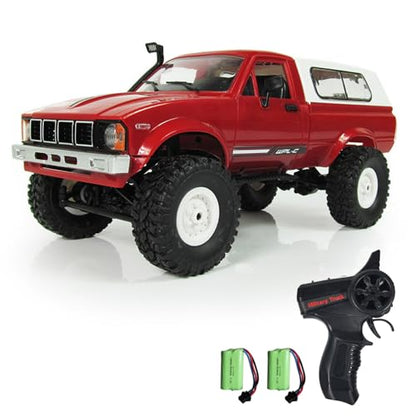 RC Truck 1/16 RC Rock Crawler, WPL C24 4x4 RC Pickup Truck, 2.4GHz Remote Control Car, All Terrain Off Road RC Climbing Car with Headlights and 2 Batteries for Adults (Red) - color: Red