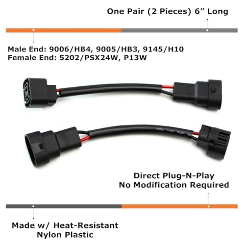 iJDMTOY 9006/HB4/H10 to 5202/P13W Pigtail Wire Wiring Harness Adapters Compatible with Fog Light Conversion Retrofit