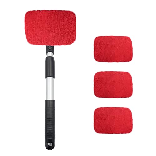 Car Windshield Cleaner Tool, Detachable Car Window Cleaner with Aluminum Extendable Handle & 2 Reusable Cloth Pads, Washable Vehicle Windshield Cleaning Wand for Exterior (Red) - color: Red
