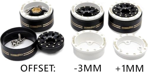 HOBBYSOUL 70mm Tall 1.0 Beadlock Wheels and Tires Set, Adjustable Offset Brass 1.0'' Wheels Rims White Black and Soft Sticky 1'' Tires for RC Crawler TRX4M SCX24 Upgrades - color: White & Black