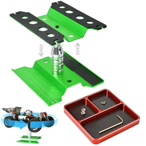 RC Car Work Stand Adjustable Height Lift Lower 360° Rotation Aluminum RC Repair Stand & Small Screw Tray Fit for 1/8 1/10 1/12 1/14 for Traxxa Axial Arrma RC Crawler Monster Truck Buggy (Green,Red) - color: Green-red