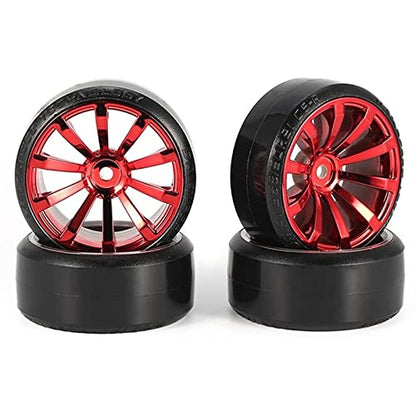 RC Plastic Wheel and Tire Set,WONFAST RC Drift Car 63mm Hard Tyres 12mm Hub Wheel for 1/10 On-Road Drifting Car Parts for HSP Tamiya HPI Kyosho TT02 (Red) - color: Red