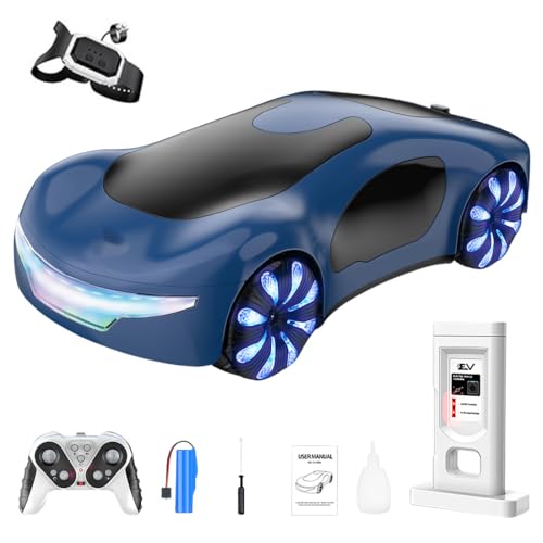 2.4G Gesture Sensing RC Stunt Car, LED Drift Racing Car with Spray Boost, USB Charging Station & Music Effects – 360° Flip Toy Gift (Handle+Watch RC Version) - color: Blue
