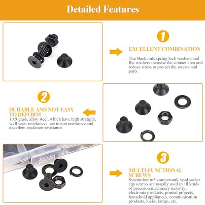 245 Pieces M5 Screws Nuts Washers Set Black, Sutemribor M5 x 6/8/10/12/16/20/25mm Countersunk Head Socket Cap Screws Nuts Washers Assortment Kit, 10.9 Grade Alloy Steel, Fully Threaded - size: M5, style: Countersunk Head Socket Cap