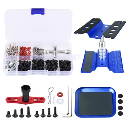RC Car Work Stand RC Tool Kit Repair Workstation Aluminum Alloy 360 Degree Rotate w/Screw Kit & Screw Tray, Wheel Wrench for 1/8 1/10 1/12 1/16 Scale Models Cars Trucks (Navy Blue) - color: Navy Blue
