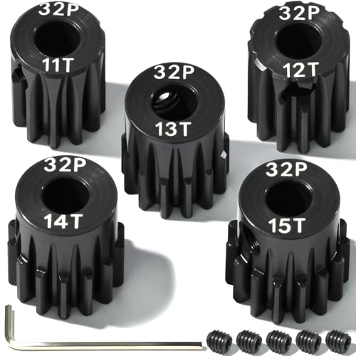 5Pcs 32P Hardened Steel Pinion Gear Set 5mm Shaft 11T 12T 13T 14T 15T Motor Pinion Gear with M4 Screw and Hex Key, for Arrma HPI Kyosho Losi Axial Traxxas Tamiya 1/10 RC Car and 540/550 Motors - size: 32P-HSP-5mm-11-15T