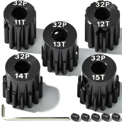 5Pcs 32P Hardened Steel Pinion Gear Set 5mm Shaft 11T 12T 13T 14T 15T Motor Pinion Gear with M4 Screw and Hex Key, for Arrma HPI Kyosho Losi Axial Traxxas Tamiya 1/10 RC Car and 540/550 Motors - size: 32P-HSP-5mm-11-15T