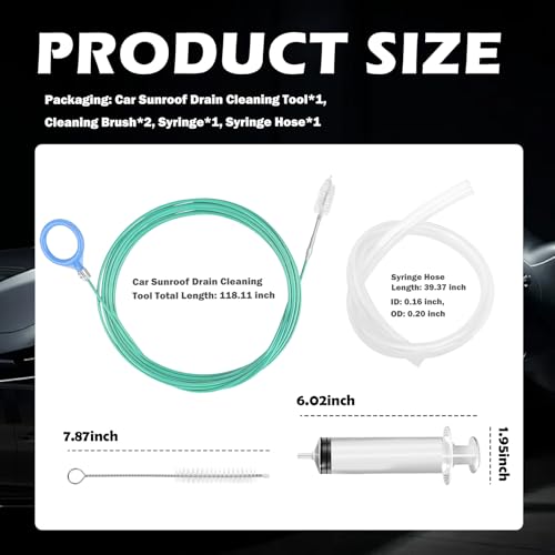 118" Flexible Sunroof Drain Cleaning Tool Kit,Automotive Sun Roof Drain Cleaning Tool Kit with Soft Brush,Syringe,Hose,Sunroof Drains Cleaner Tools for Car Sunroofs Pipe Cleanings
