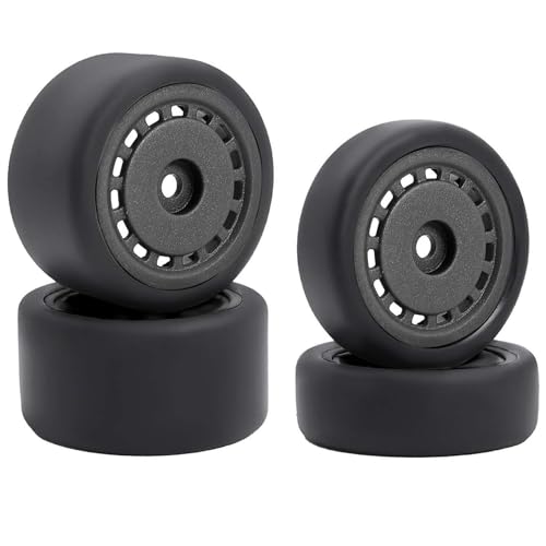 4PCS Pre-Glued On-Road Drift Racing Smooth Rubber Tires and Wheel Rims Set 7MM Hexagon for 1/24 Losi Micro-B RC Car Upgrades Parts (Black) - color: Black