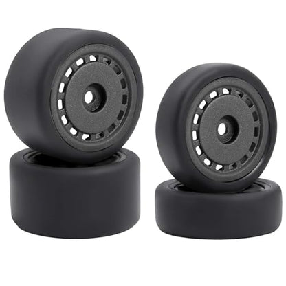 4PCS Pre-Glued On-Road Drift Racing Smooth Rubber Tires and Wheel Rims Set 7MM Hexagon for 1/24 Losi Micro-B RC Car Upgrades Parts (Black) - color: Black