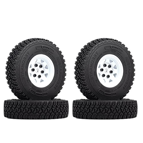 4PCS/Set 1.55 Inch Beadlock Metal Wheel Rim Rubber Tires Compatible with 1/10 RC Crawler Car Axial AX90069 D90 TF2 Tamiya CC01 LC70 (White) - color: White
