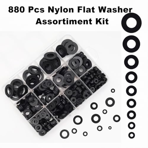 880 Pcs Nylon Flat Washer Assortment Kit | Black Insulating Spacers & Seals for Plumbing, Electrical & Machinery (M2 to M12), Organized in Storage Box