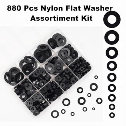880 Pcs Nylon Flat Washer Assortment Kit | Black Insulating Spacers & Seals for Plumbing, Electrical & Machinery (M2 to M12), Organized in Storage Box