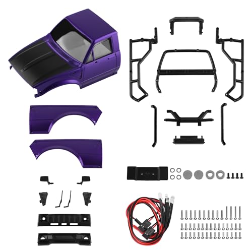 Hard Pickup Body Shell with Bed Rack for 1/24 SCX24 RC Crawler | With dual interchangeable grilles, magnetic flip-up design easy maintenance - color: Purple