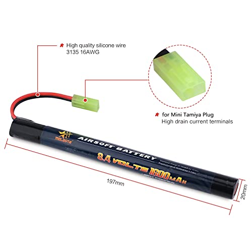 melasta 8.4V 1600mAh 2/3A Stick NiMH Battery 2-Pack for Airsoft Guns | Mini Tamiya connector. Butterfly nunchuck stick design. Compatible with airsoft rifle/pistol models. Rechargeable pack.