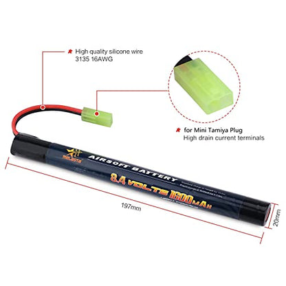 melasta 8.4V 1600mAh 2/3A Stick NiMH Battery 2-Pack for Airsoft Guns | Mini Tamiya connector. Butterfly nunchuck stick design. Compatible with airsoft rifle/pistol models. Rechargeable pack.