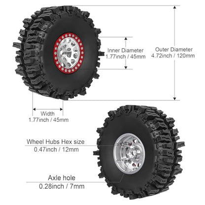 HobbyPark Soft Rubber 1/10 RC Crawler 1.9 Mud Slingers Tires 4.7inch 120mm and 1.9 Beadlocks Wheels Set for Scale RC4WD Axial SCX10 TRX4 Redcat Gen 8 Good Grip w/Foams (Silver & Red Rims) - color: Silver & Red Rims