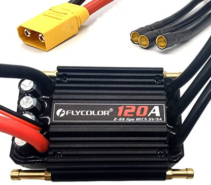 FLYCOLOR 120A Waterproof Brushless ESC Electronic Speed Controller with 5.5V/5A BEC and XT90 4.0mm Banana Head Connector for Model Ship RC Boat